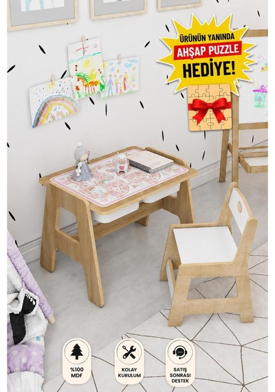 Lesson Montessori Ahşap Aktivite Masa Sandalye Takımı Pembe - 749284546