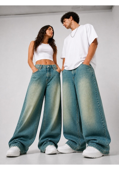 St.poll Eskitme Yeşil Efekt Vintage Yıkama Unisex Baggy Jeans Pantolon Mavi Yeşil