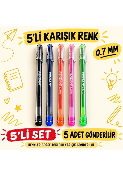 Pensan Renkli Tükenmez Kalem 5li 0.7mm Karışık Renk Çok Renkli
