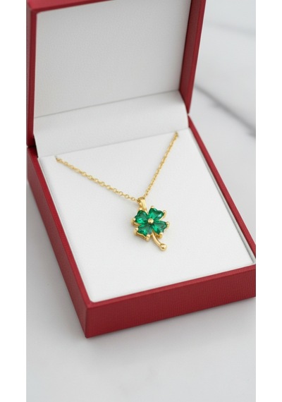 Çekirdekjewelry 925 Ayar Gümüş Ürün Zümrüt Taşlı Yonca Kolye Sarı