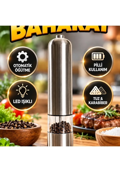Otomatik Pilli Baharat Değirmeni Işıklı Tuz Ve Karabiber Öğütücü Çok Renkli