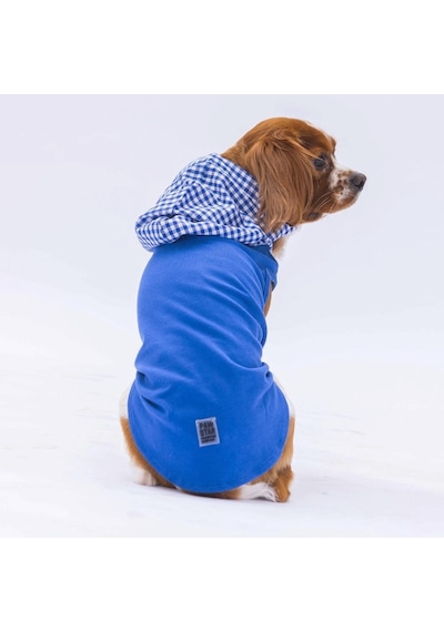 Pawstar Mavi Gingham Kapşonlu Kedi Köpek Tişörtü Kedi Köpek Kıyafeti