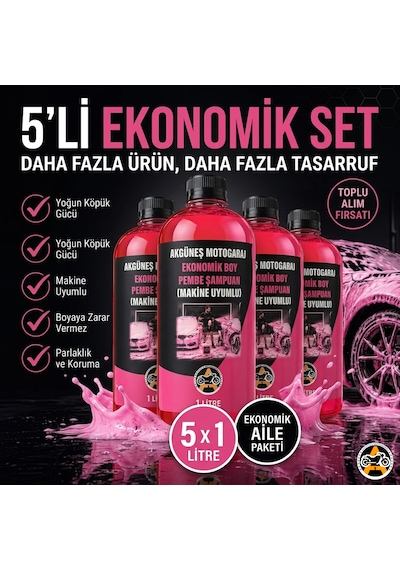 5 Adet Akgüneş Motogaraj 1lt Pembe Köpük Oto Şampuanı Konsantre 100 Kat