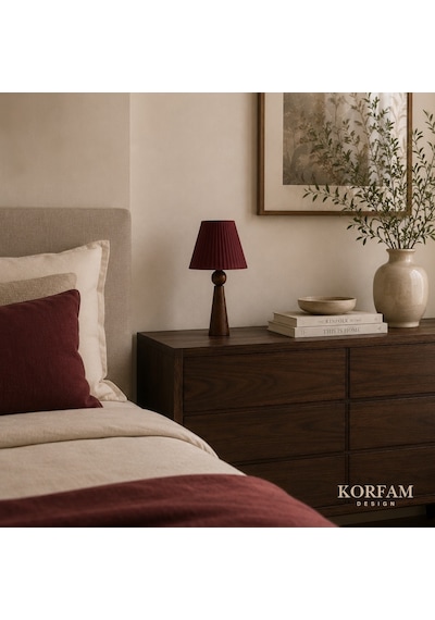Bordo Keten Kumaş Başlıklı Ahşap Abajur Çok Renkli