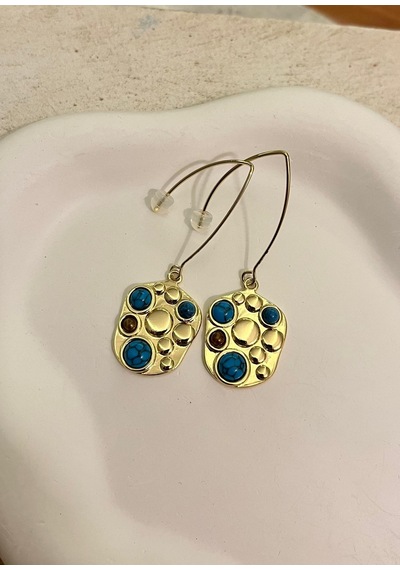 Turkuaz Taşlı Sallantı Gold Küpe Çok Renkli