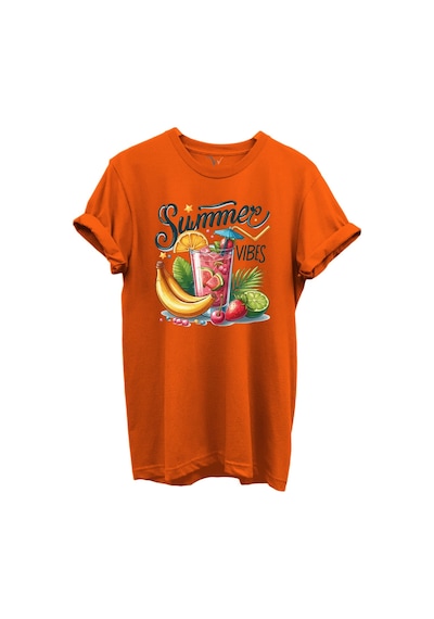Summer Vibes Yazılı Meyve Kokteyli Ve Tropik Desenli %100 Pamuk Regular Fit Unisex T-shirt Turuncu
