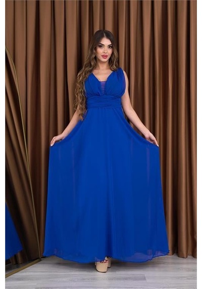 Dip Moda Kadın Saks Mavi V-yaka Şifon Abiye Elbise Dpnb2027 Saks