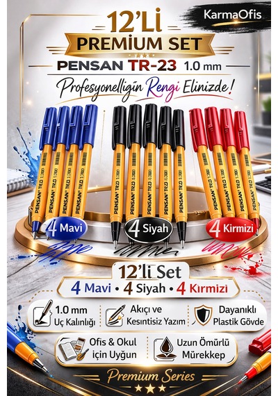 Tr-23 1.0 Mm Tükenmez Kalem Seti 12 Li Mavi, Siyah, Kırmızı 12'li Set
