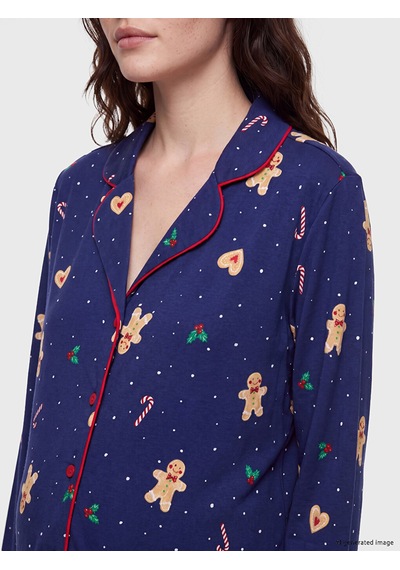 Lcw Dream Lacivert Gömlek Yaka Desenli Kadın Pijama Takımı