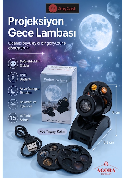 Anycast Yıldızlı Gece Proje Lambası 15 Sahne Hd Led Yıldız Projektör Usb Şarjlı Ay Gezegen Dünya Takımyıldız Projeksiyon Gece Lambası Dekoratif Masa Lambası 15 Film Diskli Salon Yatak Odası Aydınlatma