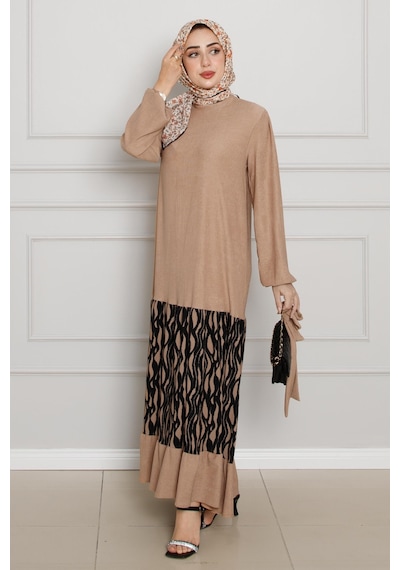 Sevitli Eteği Desenli Karin Elbise-vizon-4268-vizon Vizon