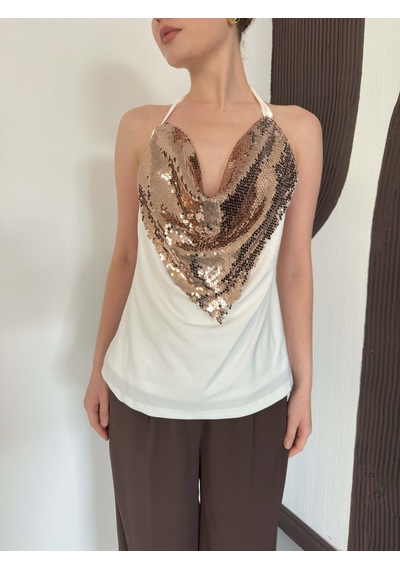 Verymoda Pullu Askılı Bluz D3079 Krem Bakır