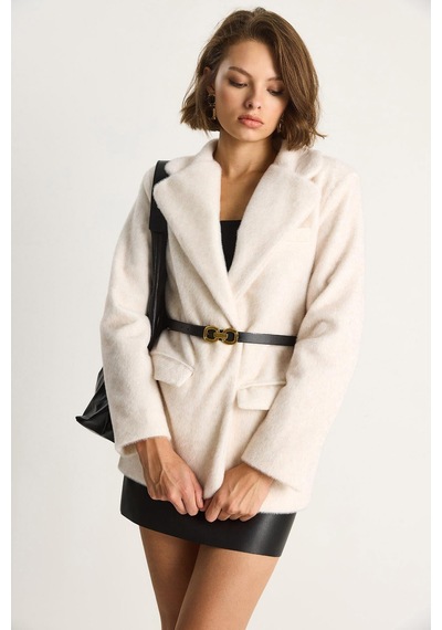 Shade Kadın Cep Detaylı Astarlı Kemerli Peluş Dokulu Blazer Ceket 2761 60281110 - Krem
