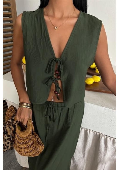 Moderie Butik Yelek Önden Bağlamalı Uzun Etekli Takım 10192 Haki
