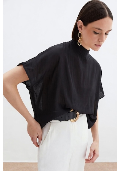 Sateen Desenli Salaş Bluz - Siyah-136689 Siyah