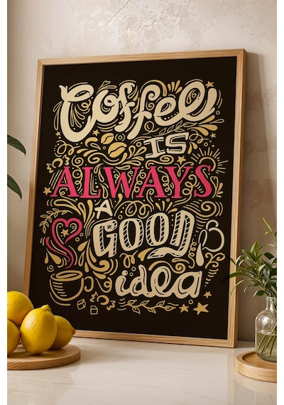 Retro Coffee Always A Good Idea Çerçeveli Tablo - Sanatsal Mutfak Ve Kahve Köşesi Duvar Dekoru Kayın
