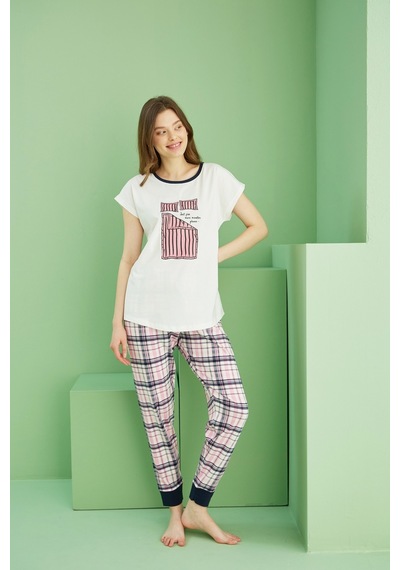 Siyah İnci Pamuklu Bisiklet Yaka Örme Pijama Takım25117065 Ekru