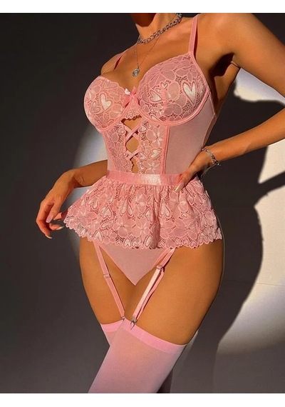 Angbutik Kadın Pembe Dantel İşlemeli Desenli Jartiyer Takımı