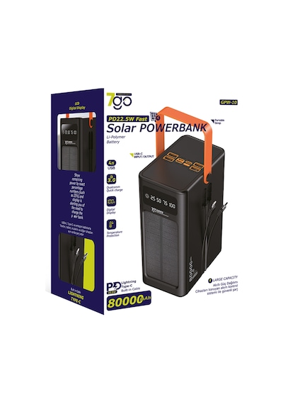 7go Gpw-10 80000mah Güneş Enerjili Powerbank Pd 22.5w Hızlı Şarj Dahili Kablolu, 4 Usb Çıkışlı Taş Siyah