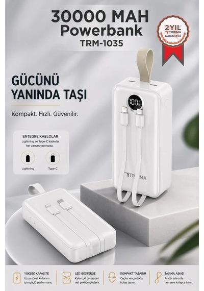 Hızlı Dolum Telefon Pili Enerji Kaynağı Powerbank Dijital Göstergeli Trm1035 Beyaz Çok Renkli