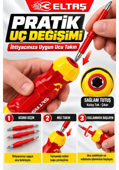 Eltaş 3 Parça Çift Taraflı Değiştirilebilir Tornavida Seti Yıldız & Düz Uçlu Pratik Tornavida