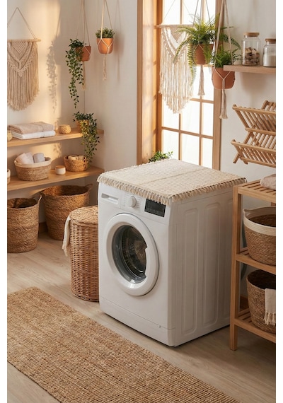 Vintage Püsküllü Çamaşır Makinesi Örtüsü - Çeyizlik Buldan Bezi Dekoratif Banyo Makine Kılıfı Bej