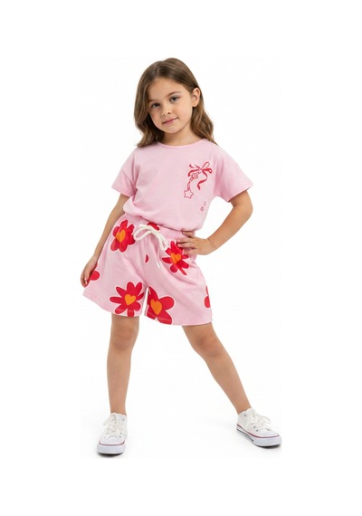 Toontoy Kids Toontoy Kız Çocuk 2'li Şortlu Takım Bisiklet Yaka Kısa Kollu Baskılı Tişört - Beli Lastikli Bağlamalı Baskılı Şort 25035 Pembe
