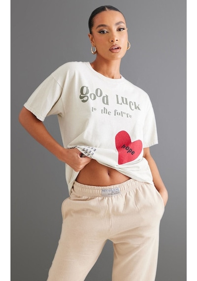 Vizon Oversize Hope T-shirt - Oversize Baskılı Vizon