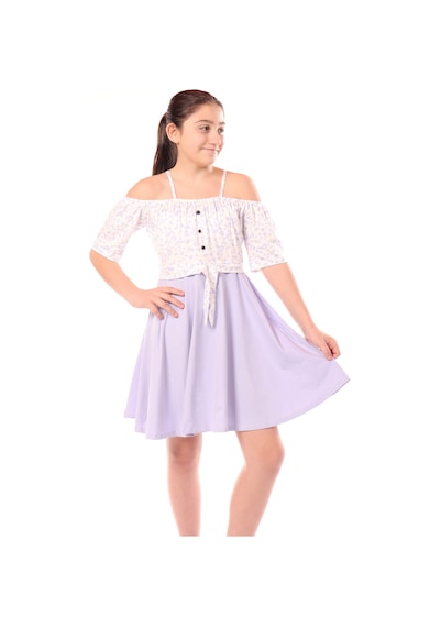 Toontoy Kız Çocuk Regular Fit Carmen Yaka Kısa Kollu Askılı Elbise - Renk Bloklu Açık Lila
