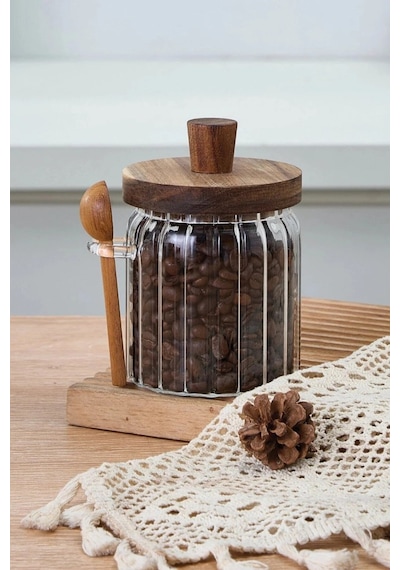 Mien Akasya Kapak Ve Kaşıklı Borosilikat Cam Kavanoz 450 Ml 0123 Şeffaf - Kahverengi