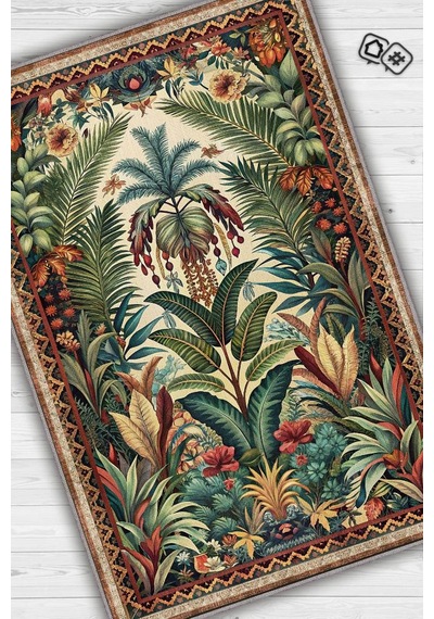 Homshtag Art Deco Botanik Orman Vintage Halı Görünümlü Dijital Baskı Yeşil Renk Rustik Çiçekli Halı Çok Renkli