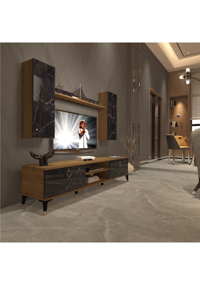 Decoraktiv Eko 7 Mdf Dvd Gold Tv Ünitesi Tv Sehpası Pera - Siyah Mermer