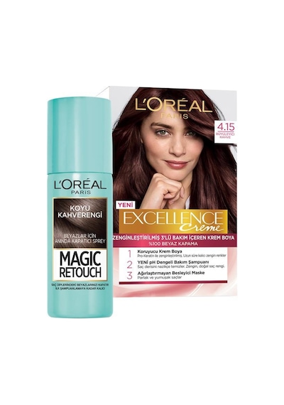 Excellence Saç Boyası 4.15 Türk Kahvesi+magic Retouch Beyazlar İçin Anında Kapatıcı Sprey Koyu Kahve pktexcl415mgckhv-7784
