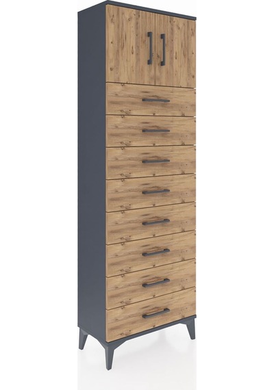 Arges Dolap 2 Raflı 8 Çekmeceli 2 Kapaklı 60x30x182 Antrasit-çam Antrasit