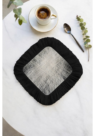 Lüks Modern Art Saçaklı Sunum Peçetesi - Geometrik Minimalist Siyah Gümüş Bardak Altlığı Mendil Çok Renkli