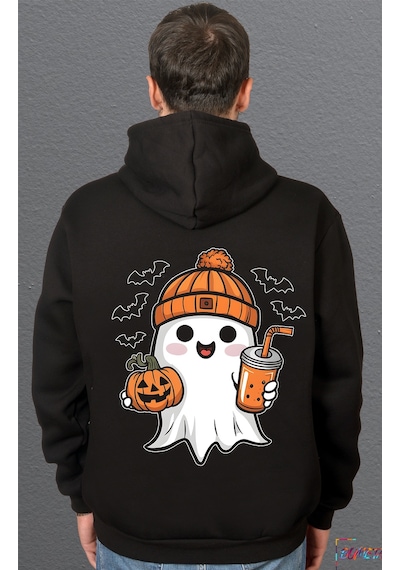 Bumeta Sevimli Hayalet Baskılı Cadılar Bayramı Halloween Sweetshirt Unisex Kapüşonlu Hoodie Siyah