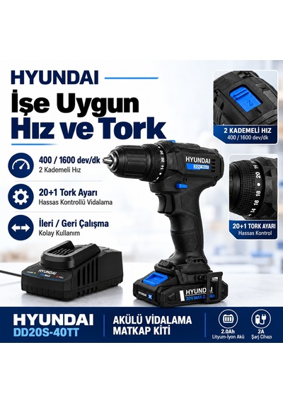 Hyundai Dd20s-40tt 20v Akülü Matkap 40nm 2 Vites Led 2.0ah + Şarj