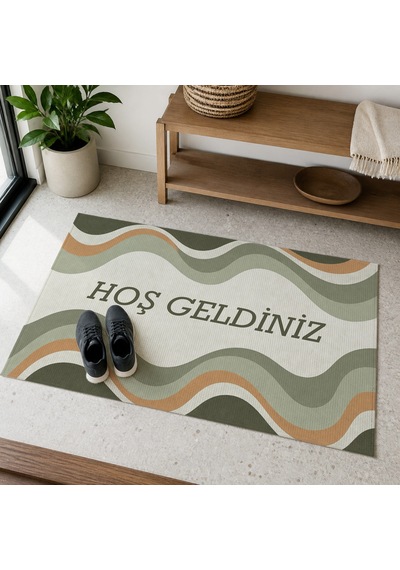 Kartela Halı Hoş Geldiniz Yazılı Retro Dalga Kapı Paspası Adaçayı Yeşili 40x60 Cm