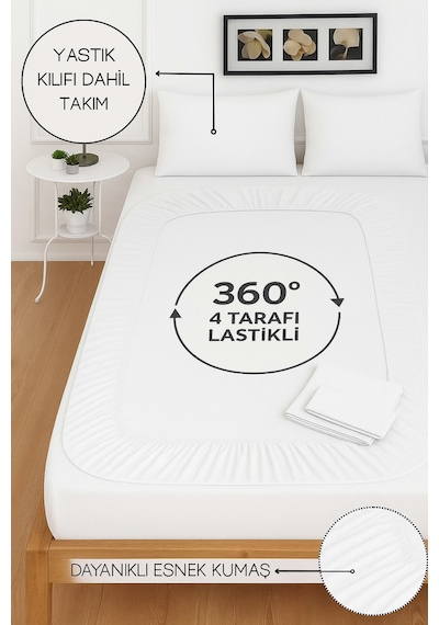 Mirava Premium %100 Pamuk Penye Lastikli Tek Kişilik Çarşaf Takımı 1 Yastık Kılıfı Dahil Beyaz 100x200cm Beyaz