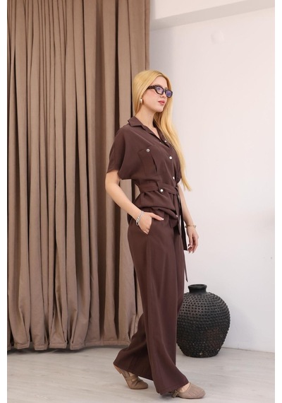 Famoda Taba Kısa Kollu Beli Bağlamalı Tunik Pantolon Takımı