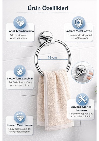 Lexroo Yuvarlak Havlu Halkası Krom Kaplama, Duvara Monte Yuvarlak Banyo Havluluk Çok Renkli
