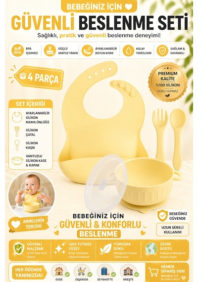Silikon Beslenme Seti Silikon Vakumlu Kapaklı Mama Kasesi , Silikon Önlük, Çatal Ve Kaşık / Sarı