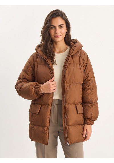 Onloox Kadın Kahverengi Kahverengi Polyester Yarasa Kol Oversize Kapüşonlu Detaylı Fermuarlı Şişme Mont