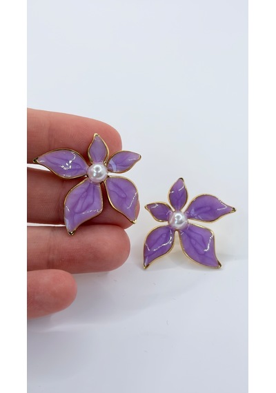 Rhea Jewelry Çiçek Figürlü Renkli Çelik Küpe 3,5 Cm İnci Detaylı Kadın Küpe Lila