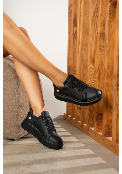 Shoetek Kadın Sneakers Deri Bağcıklı Agatha Siyah/siyah Siyah