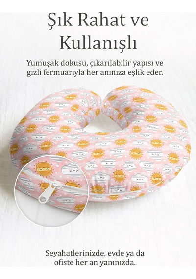 Sevimli Güneş Bulut Desenli Boyun Yastığı - Pastel Pembe Sarı Çocuk & Yetişkin Seyahat Yastığı Koyu Lavanta Terrakota