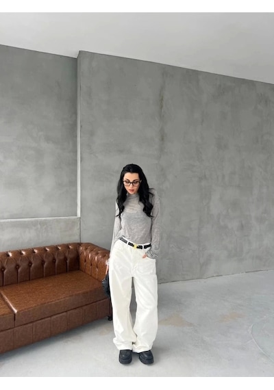 Defymoda Bisiklet Yaka Uzun Kollu Crop - Gri Gri