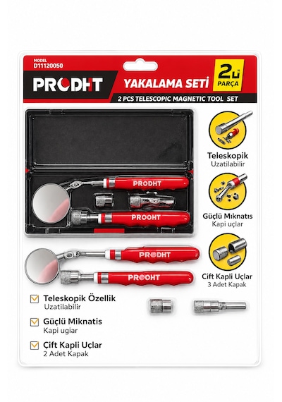 Prodht 2'li Teleskopik Mıknatıslı Yakalama Seti - Uzatılabilir Manyetik Tutucu El Aleti - Çift Kaplı Uçlu