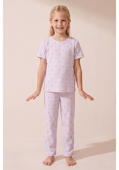 Siyah İnci Pamuklu Fitilli Kaşkorse Örme Pijama Takım 26120402 Lila Mor Çiçek