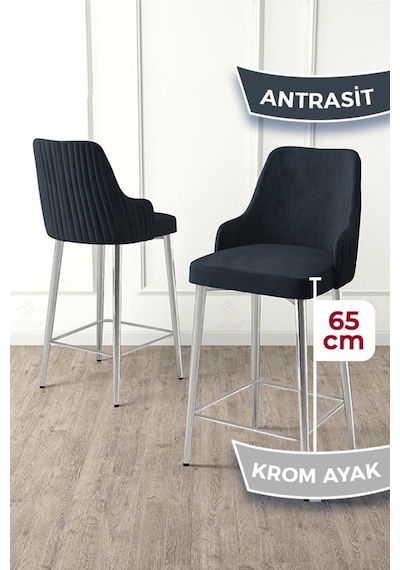 Canisa Tera Serisi 4 Adet Babyface Kumaş 65 Cm Krom Kaplama Ayaklı Antrasit Bar Sandalyesi Antrasit Sandalye Krom Kaplama Ayak
